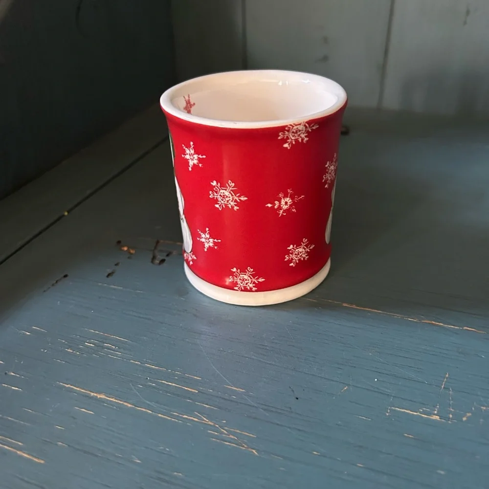 New Sur La Table Red Snowman Holiday Mini Mug with Green Accents
